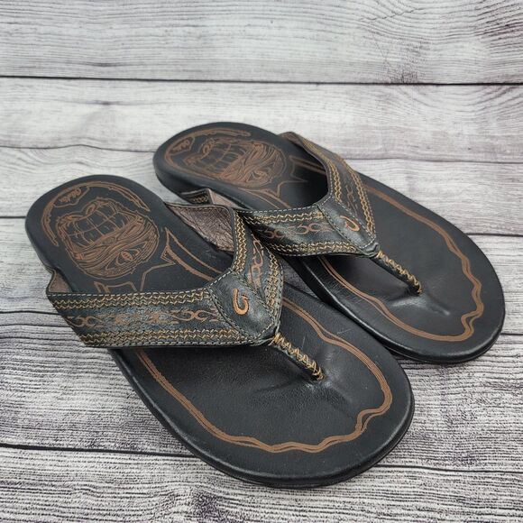 OluKai Akua Men's Flip Flop Sandals - Black / Brown Size 11 - Picture 1 of 7